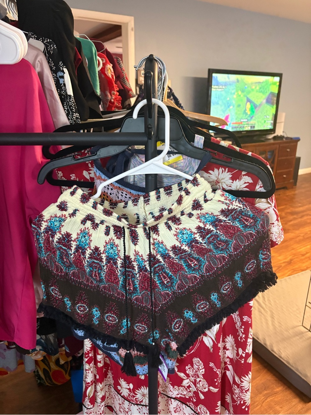 Mudd Multicolor Knit Tassel Poncho in Cream, Burgundy & Teal